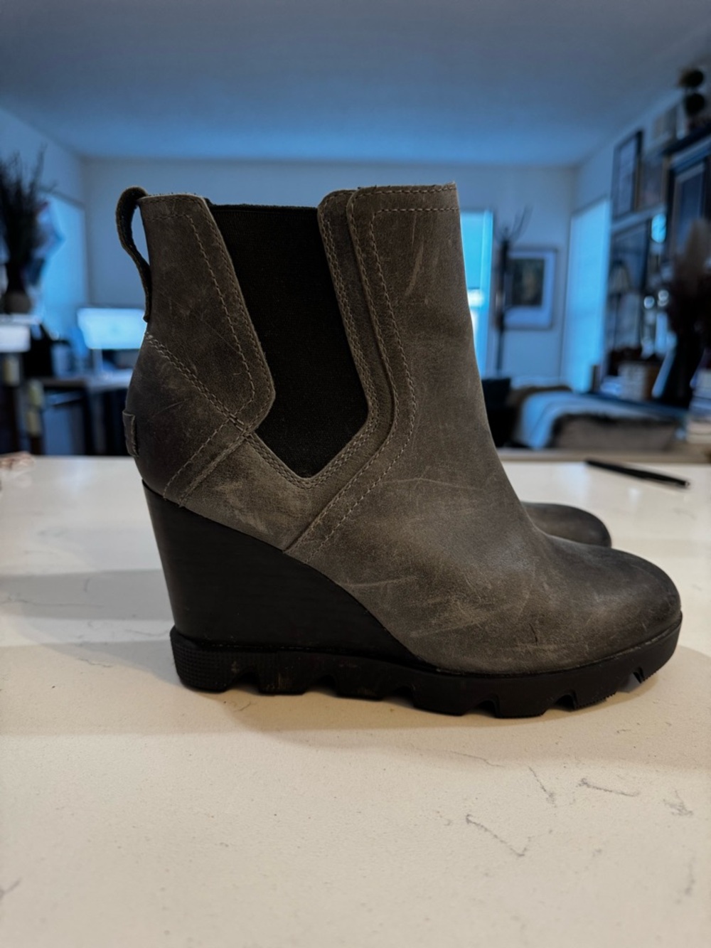 Sorel Gray Suede Wedge Chelsea Boots